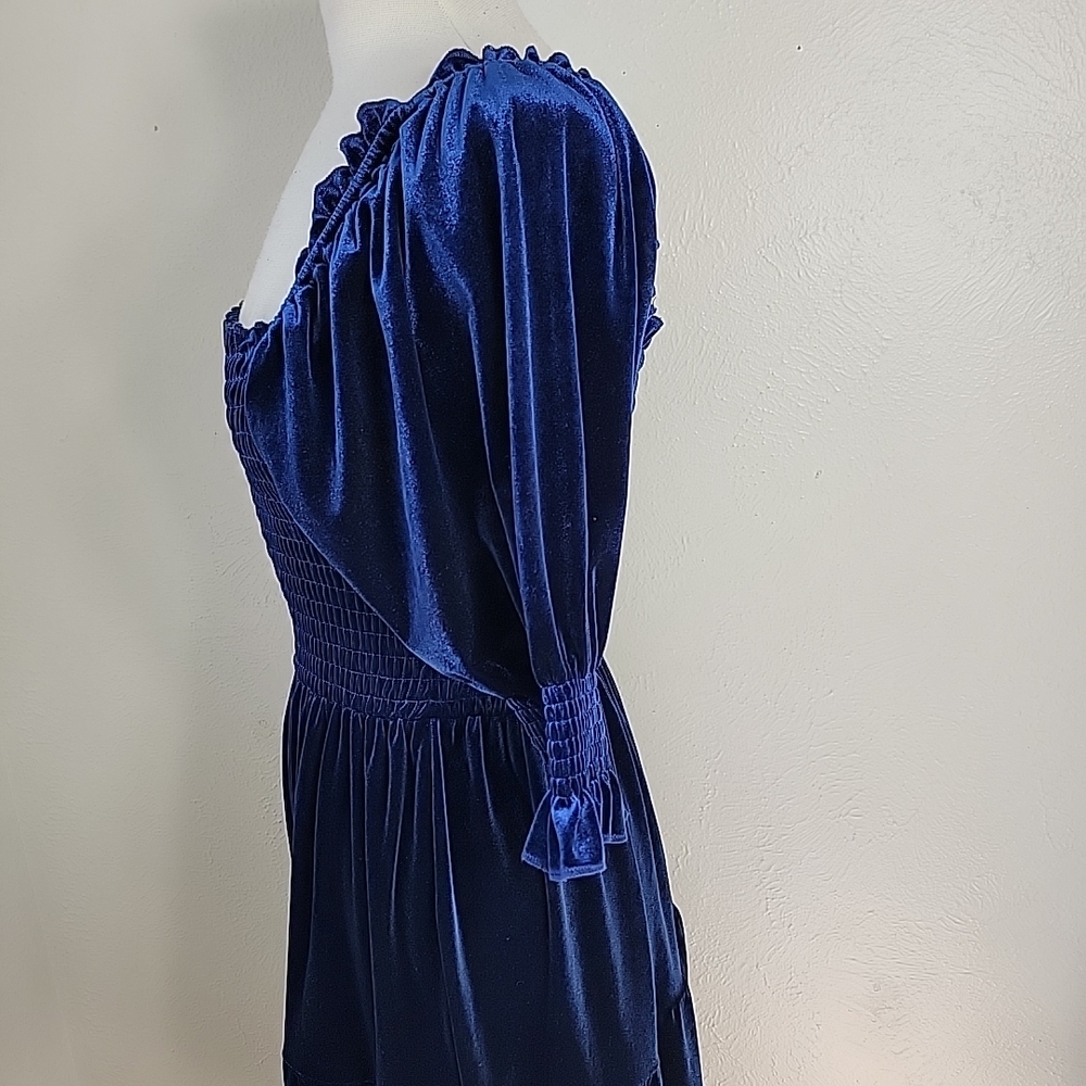 R Vivimos Blue Velvet Smocked Tiered Dress Medium - Picture 4 of 13